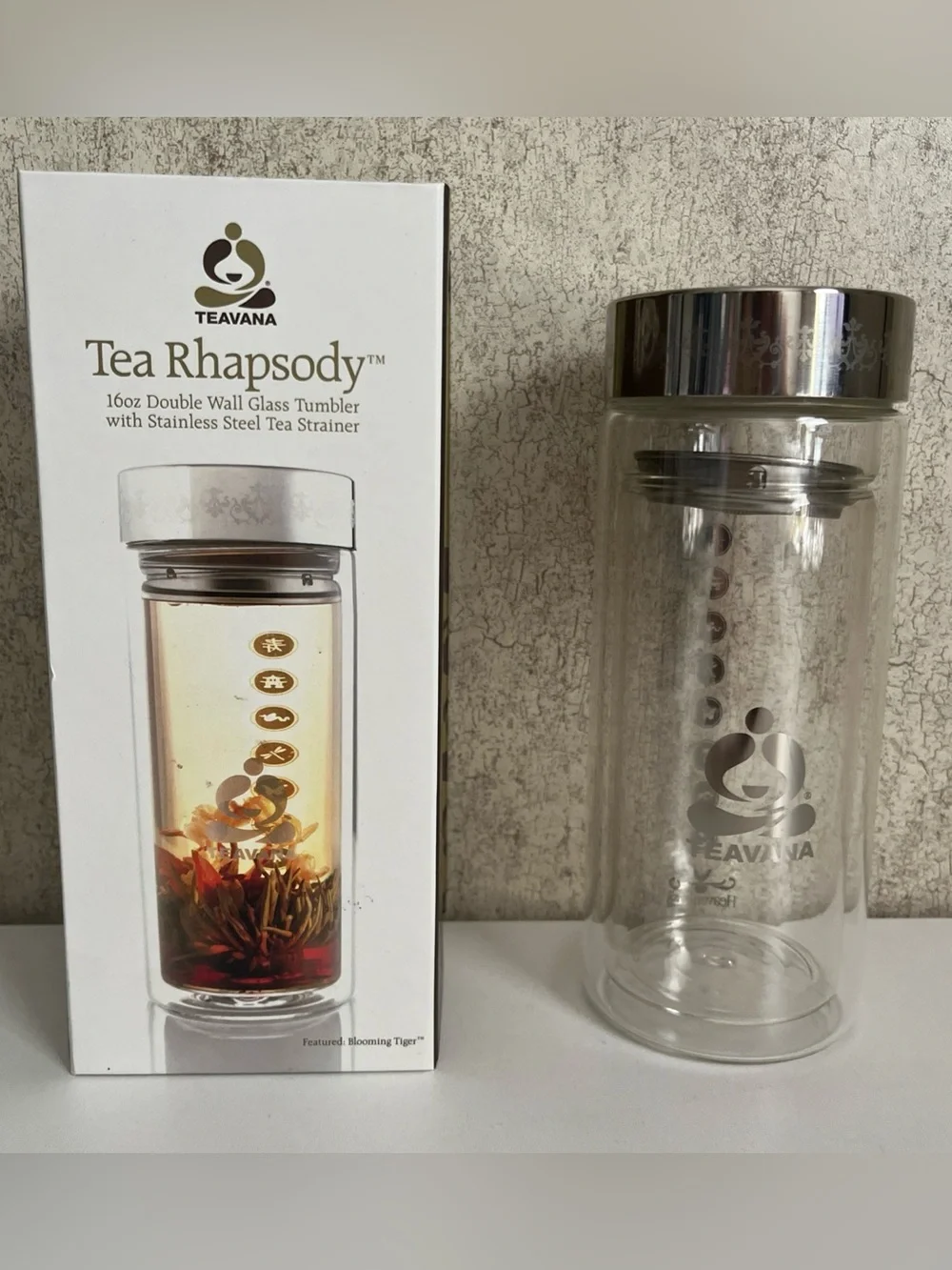 Teavana Tea Rhapsody Double Wall Glass Tumbler 16oz Stainless Steel Strainer Box